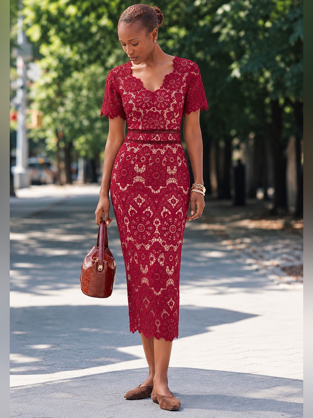 New Burgundy Crochet Lace Nude Lined Fitted Just Me Dress L